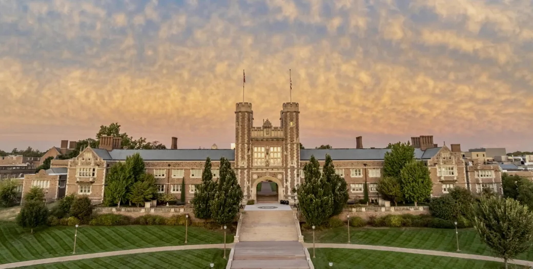 "brookings hall with a cloudy sky at sunset"